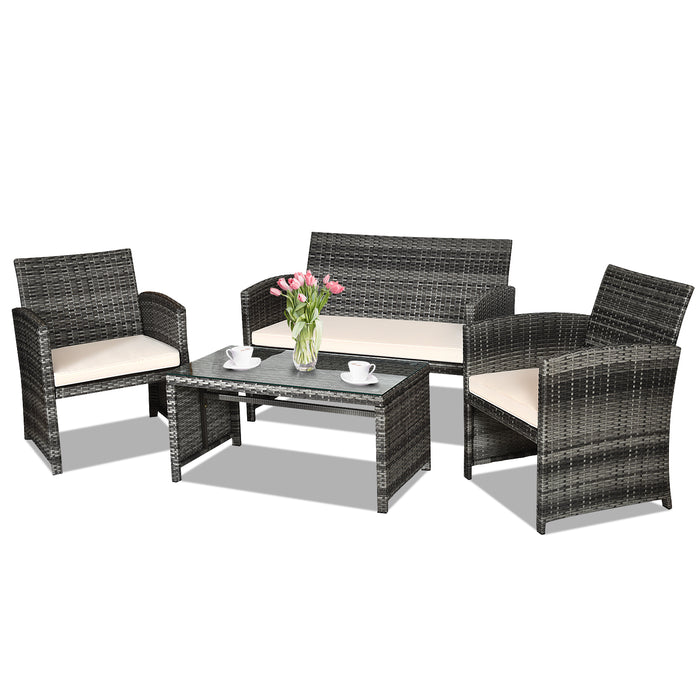 4-Piece Outdoor Set - White Patio Furniture with Cushions and Coffee Table - Ideal for Backyard Leisure Time