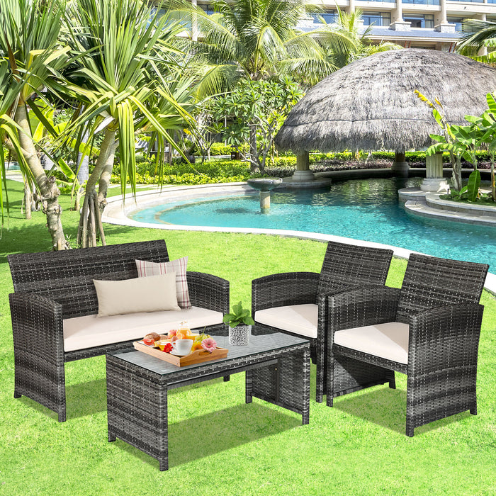 4-Piece Outdoor Set - White Patio Furniture with Cushions and Coffee Table - Ideal for Backyard Leisure Time