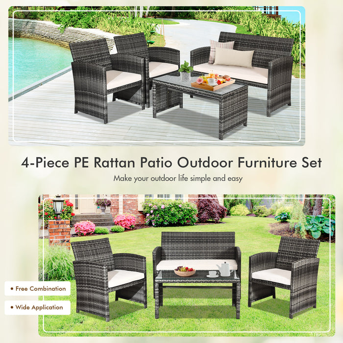 4-Piece Outdoor Set - White Patio Furniture with Cushions and Coffee Table - Ideal for Backyard Leisure Time