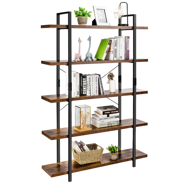 Industrial 5-Tier Bookshelf - Rustic Brown with Anti-Toppling Device - Ideal for Safe Storage and Home Decor