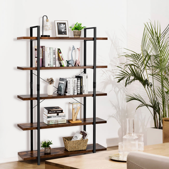 Industrial 5-Tier Bookshelf - Rustic Brown with Anti-Toppling Device - Ideal for Safe Storage and Home Decor
