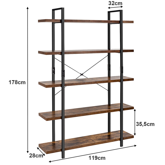 Industrial 5-Tier Bookshelf - Rustic Brown with Anti-Toppling Device - Ideal for Safe Storage and Home Decor
