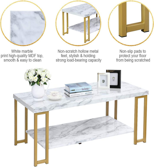 Marble Print Coffee Table, 2-Tier - MDF Top, Gold Print Metal Frame - Ideal for Coffee Lovers Looking for Modern Style Furniture