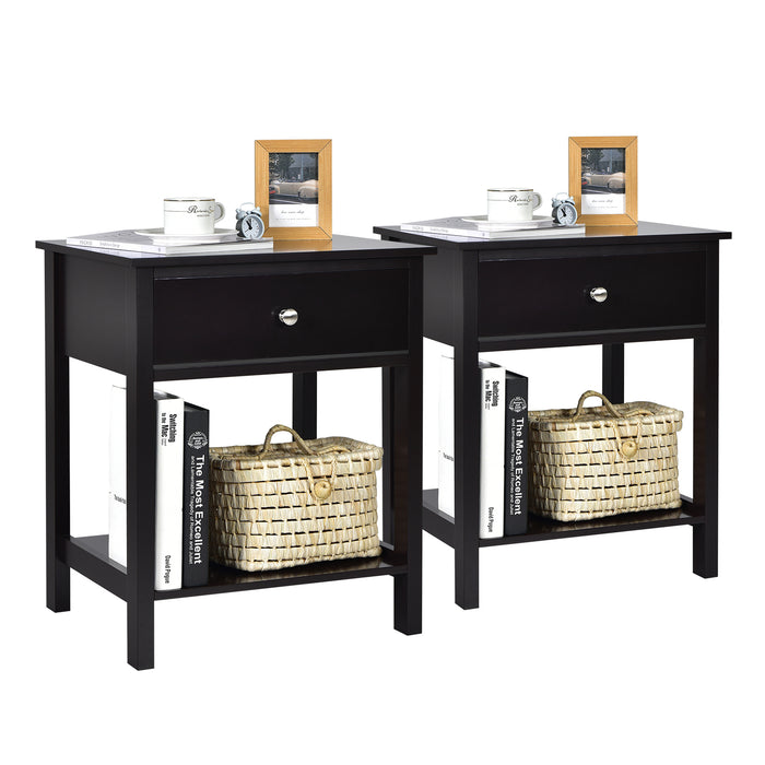 Wooden Nightstand 2-Piece Set with Drawers - Contemporary Black Bedside Tables with Storage Shelf - Perfect for Bedroom Organizing Needs
