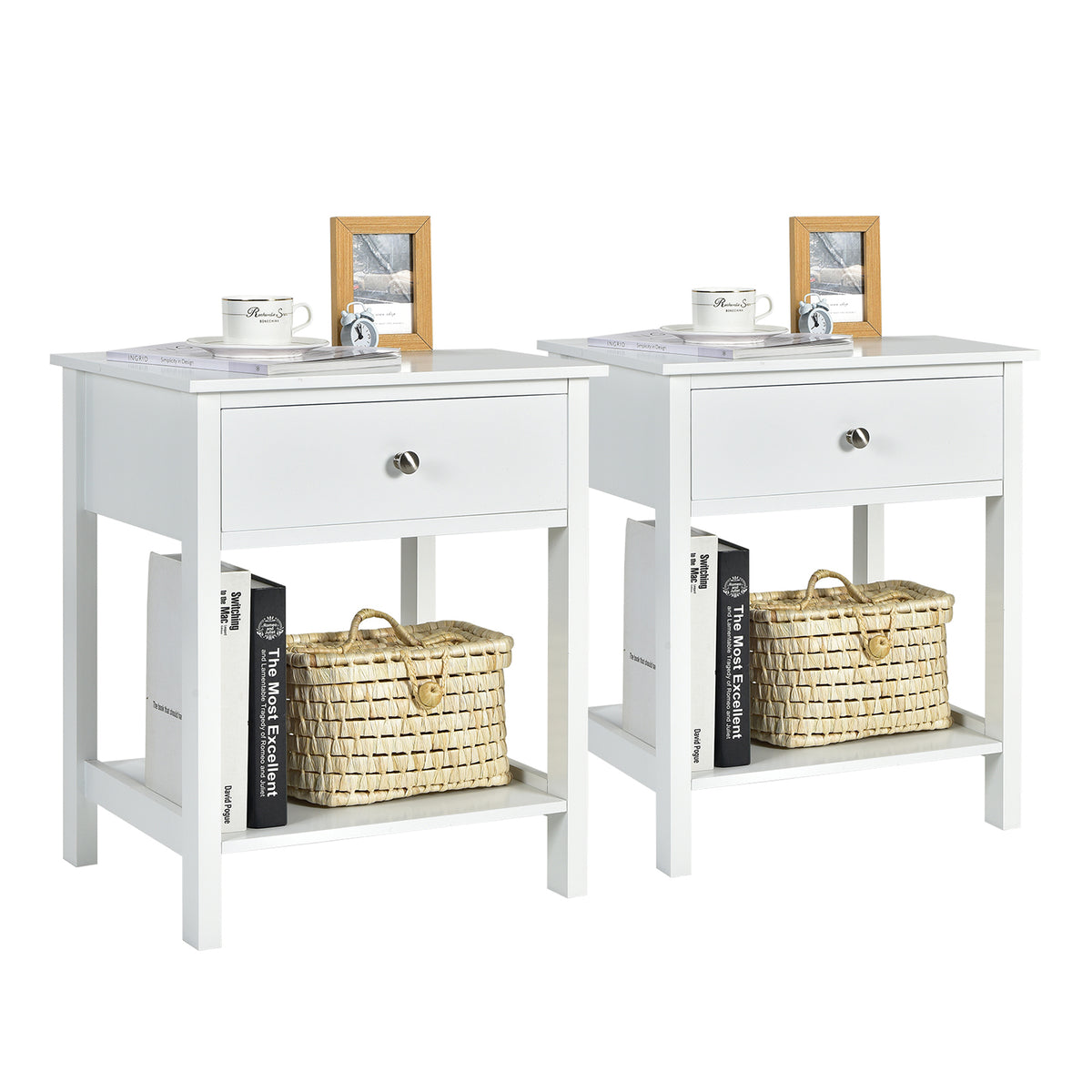 Wooden Nightstand 2-Piece Set with Drawers - Contemporary Black Bedside Tables with Storage Shelf - Perfect for Bedroom Organizing Needs