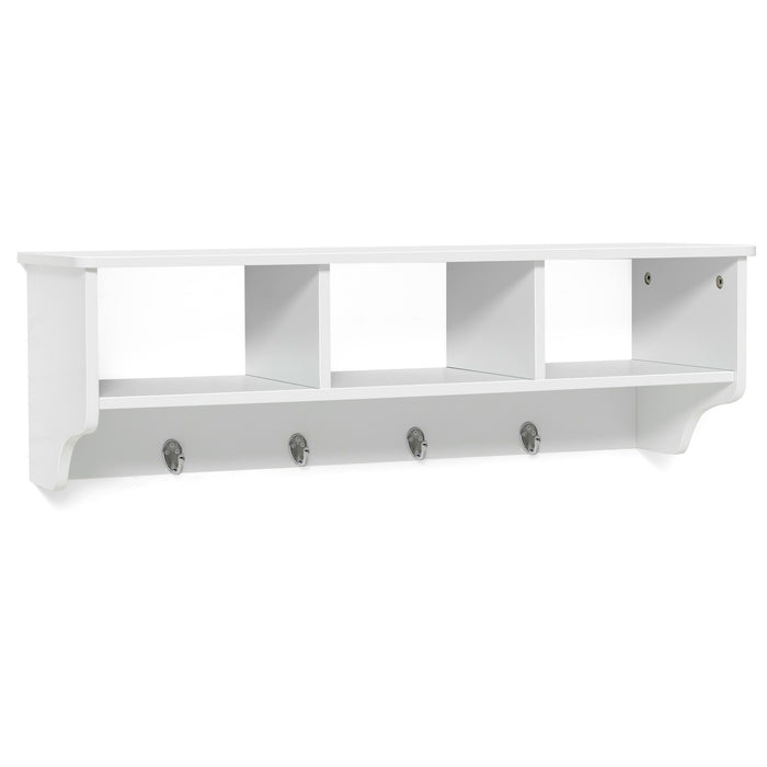 Floating Storage Shelf 31-Inch - Open Compartments and Hanging Hooks in White - Ideal for Organizing Home and Office Space