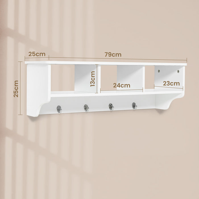 Floating Storage Shelf 31-Inch - Open Compartments and Hanging Hooks in White - Ideal for Organizing Home and Office Space