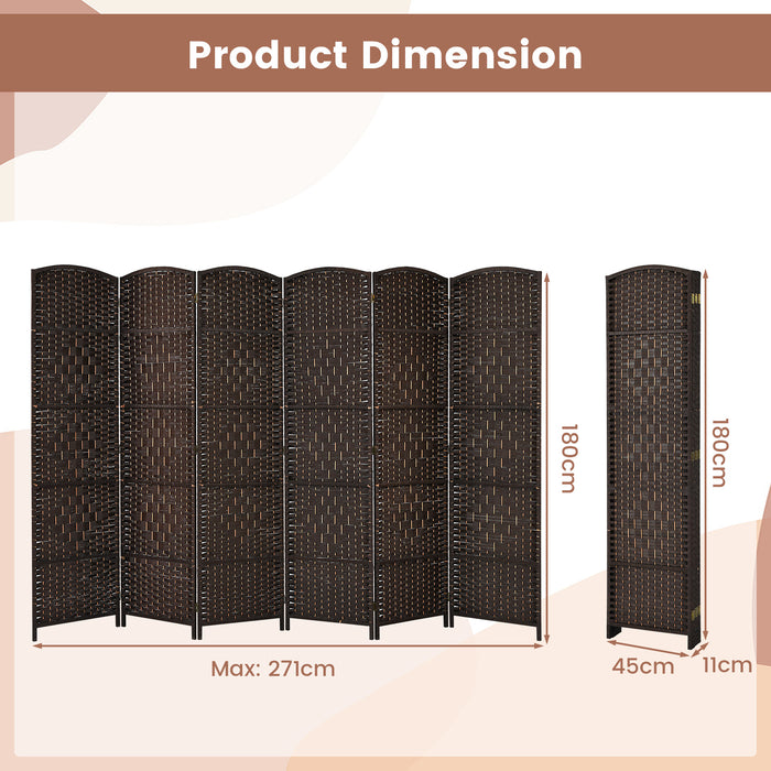 Room Divider 6 Panels - Hand-Woven Wicker Folding Screen for Home Office - Ideal for Privacy and Space Partition, Brown Color