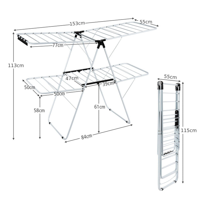 Foldable 2-Level Clothes Drying Rack - Adjustable Gullwing Design - Ideal for Space-saving and Laundry Organizing