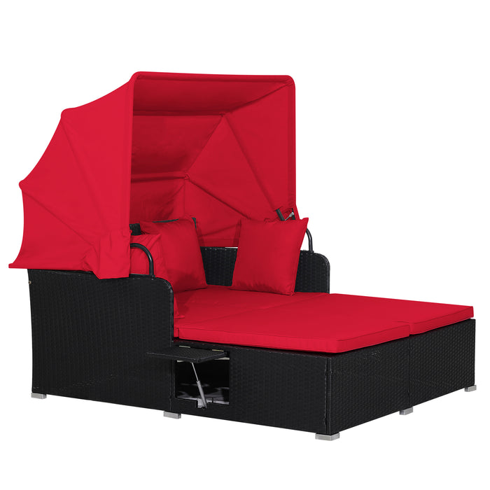 Rattan Garden Daybed - With Retractable Canopy and Red Cushions - Perfect for Outdoors Relaxation and Comfort