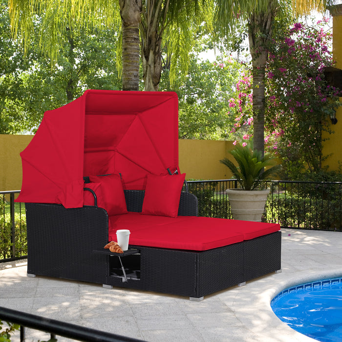 Rattan Garden Daybed - With Retractable Canopy and Red Cushions - Perfect for Outdoors Relaxation and Comfort