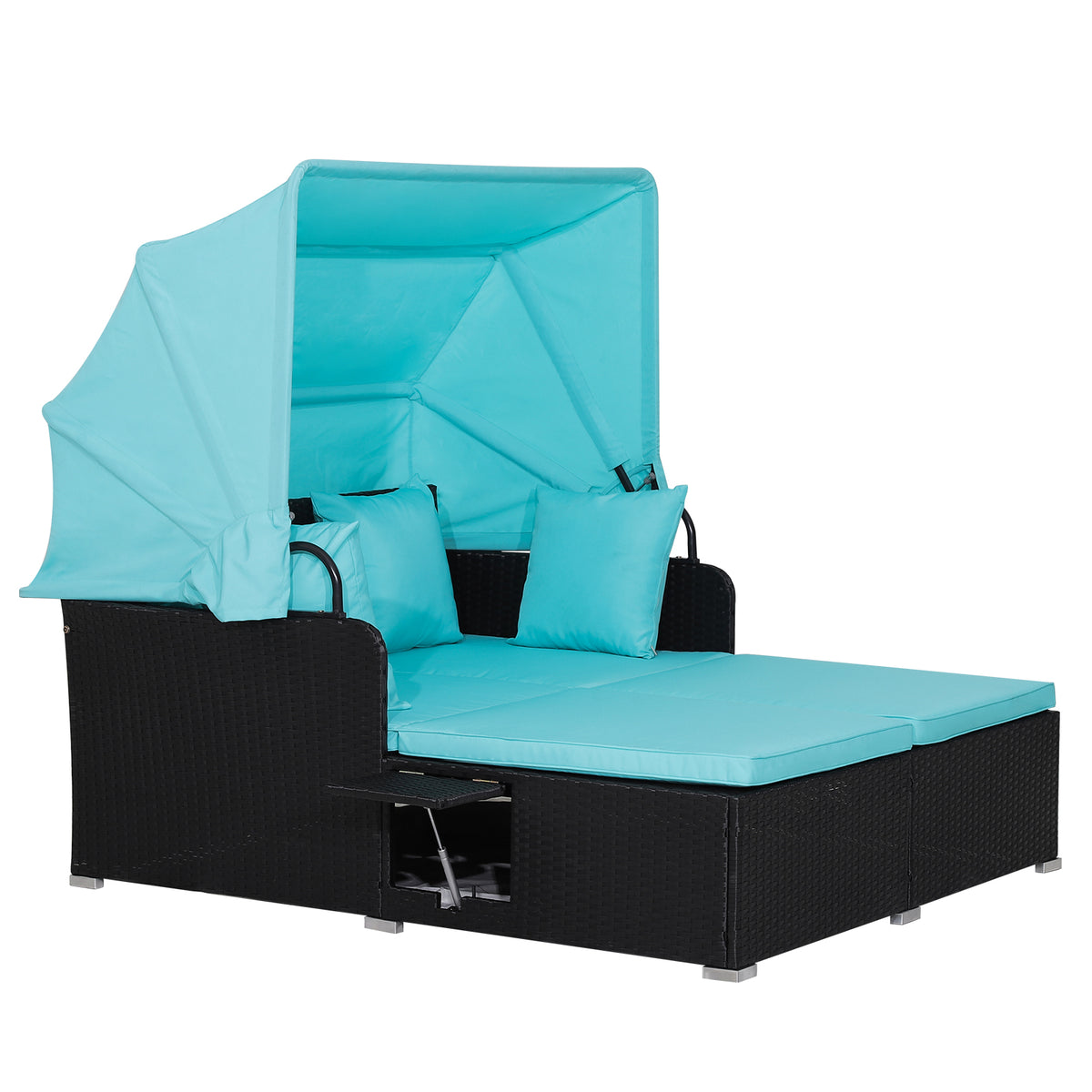Rattan Garden Daybed - With Retractable Canopy and Red Cushions - Perfect for Outdoors Relaxation and Comfort