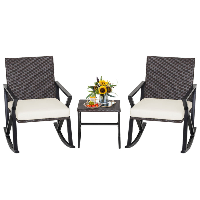 3 Piece Rattan Patio Bistro Set - Rocking Chairs and Table Combo - Perfect for Outdoor Relaxation and Entertainment
