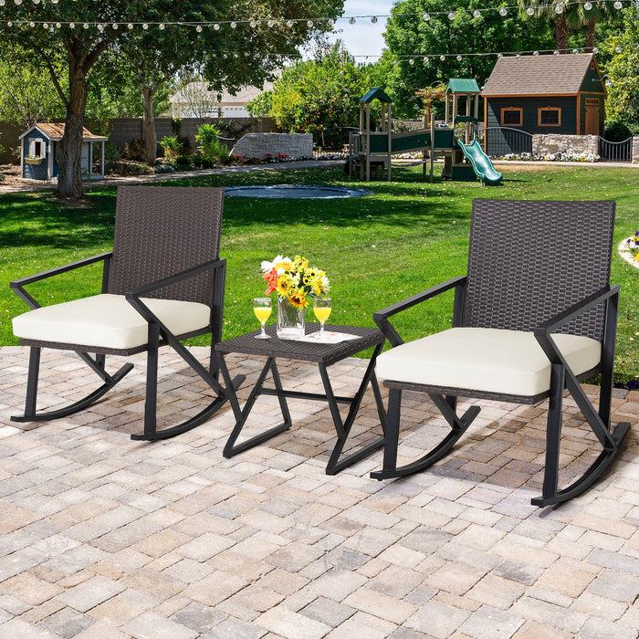 3 Piece Rattan Patio Bistro Set - Rocking Chairs and Table Combo - Perfect for Outdoor Relaxation and Entertainment