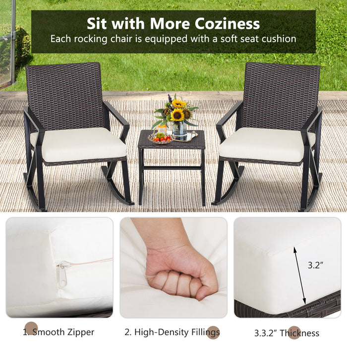 3 Piece Rattan Patio Bistro Set - Rocking Chairs and Table Combo - Perfect for Outdoor Relaxation and Entertainment