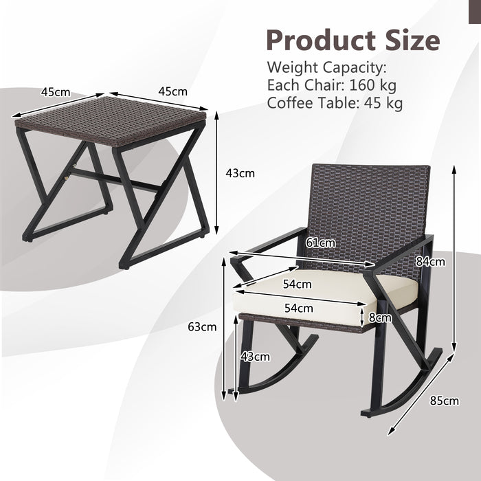 3 Piece Rattan Patio Bistro Set - Rocking Chairs and Table Combo - Perfect for Outdoor Relaxation and Entertainment