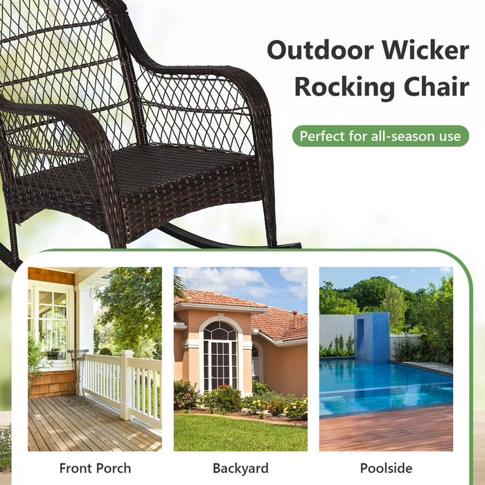 Rattan Patio Rocking Chair - With Seat Back Cushions and Waist Pillow, Sturdy, Comfortable Design - Perfect for Outdoor Relaxation, Solves Back Support Issues