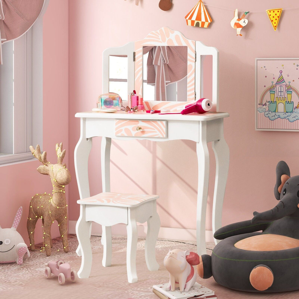 Kids Vanity & Stool Set - 2-in-1 Pink Zebra-Stripe Design for Girls - Perfect Children's Playset for Creativity and Dress Up Fun