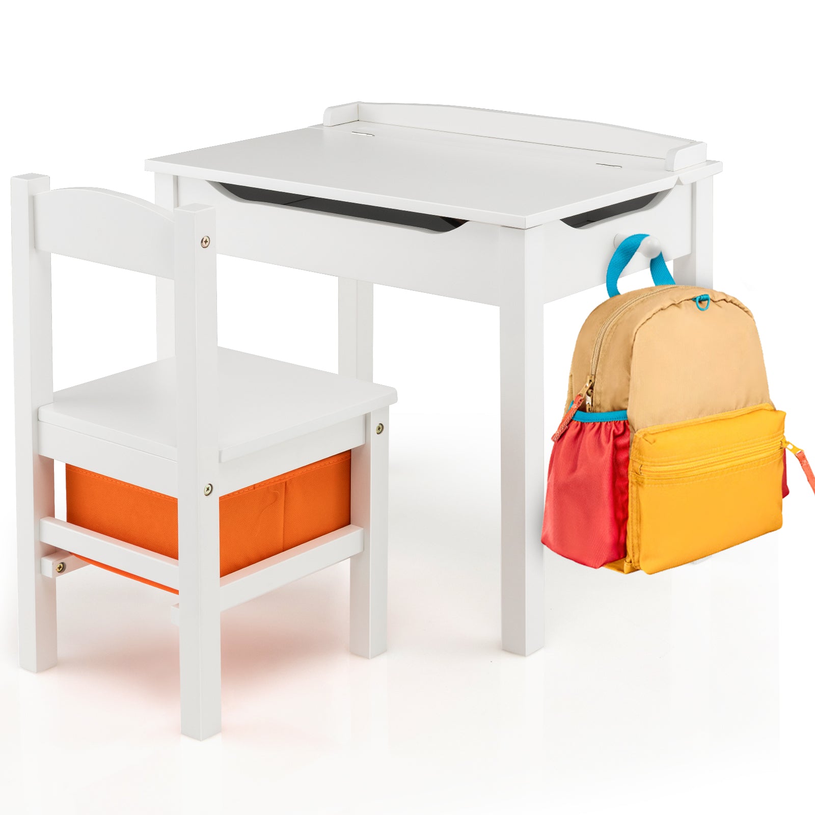 Table and Chair Set for Kids - Features Hidden Storage Space and Convenient Hook - Ideal for Children's Playroom and Learning Spaces in White Color
