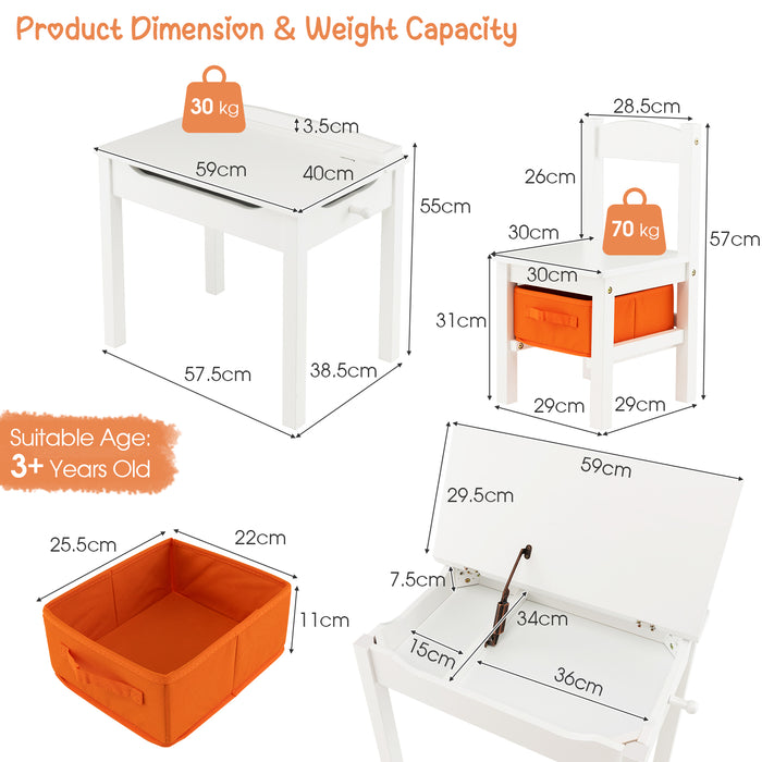 Table and Chair Set for Kids - Features Hidden Storage Space and Convenient Hook - Ideal for Children's Playroom and Learning Spaces in White Color