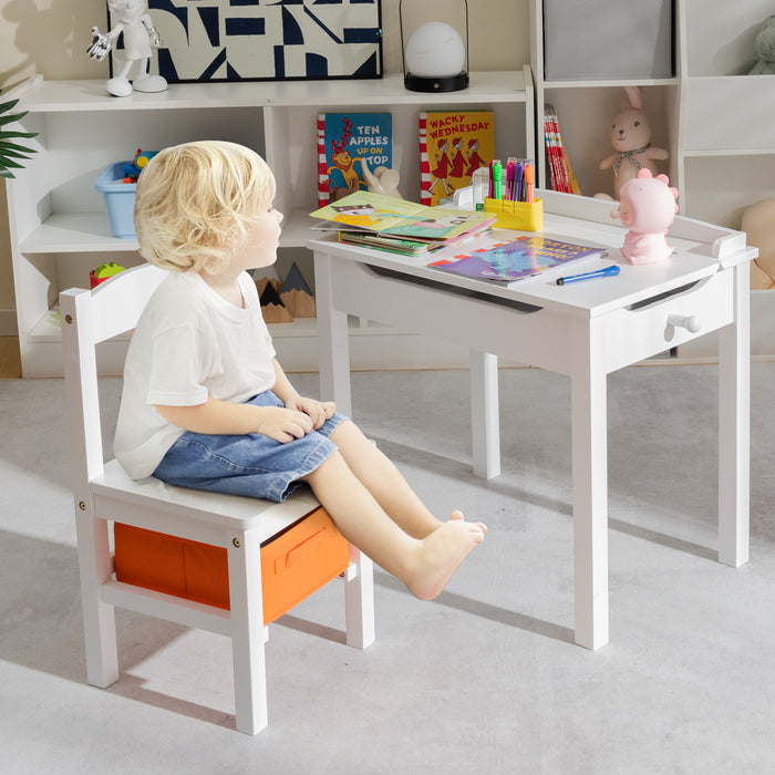Table and Chair Set for Kids - Features Hidden Storage Space and Convenient Hook - Ideal for Children's Playroom and Learning Spaces in White Color