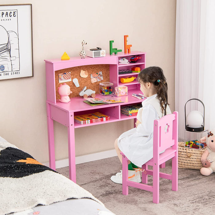 Kids Adventure - Wooden Desk and Chair Set with Hutch, Perfect for Studying and Reading - Specially Design for Children, Pink Color