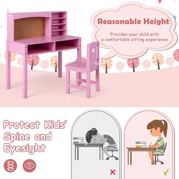 Kids Adventure - Wooden Desk and Chair Set with Hutch, Perfect for Studying and Reading - Specially Design for Children, Pink Color