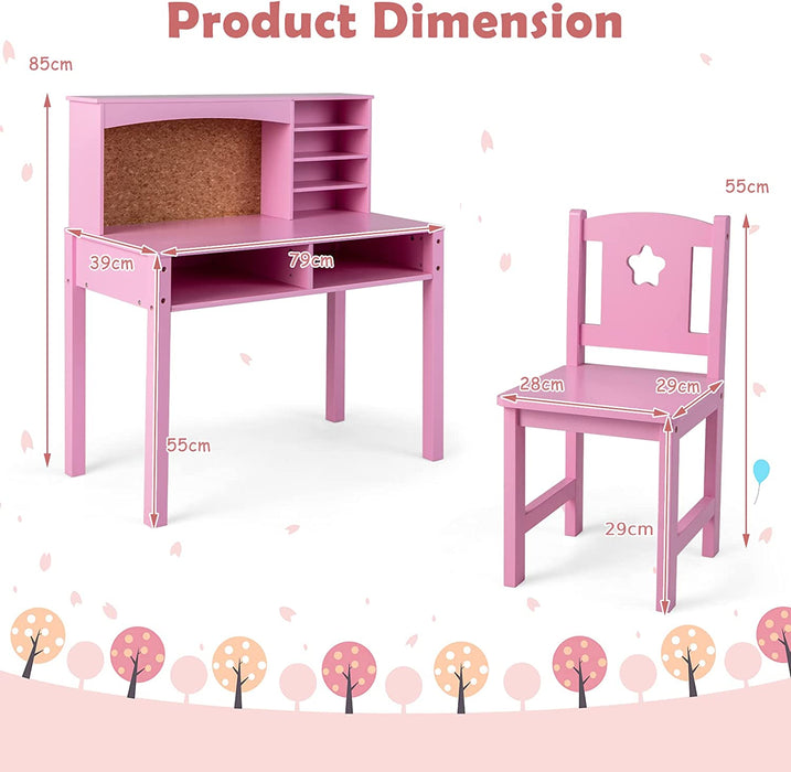 Kids Adventure - Wooden Desk and Chair Set with Hutch, Perfect for Studying and Reading - Specially Design for Children, Pink Color