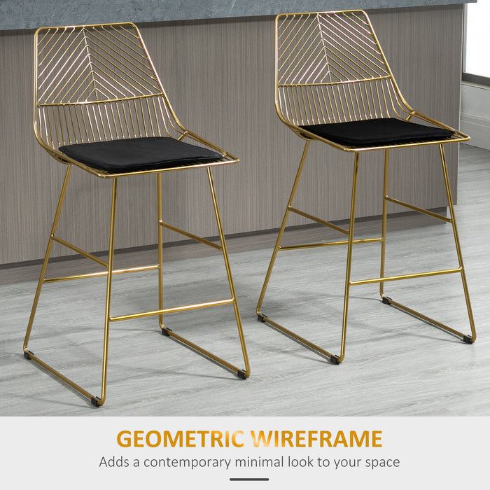Modern Gold Wire Metal Bar Stools, Set of 2 - Counter Height Chairs for Kitchen and Bar - Stylish Seating Solution for Home Entertainment Areas