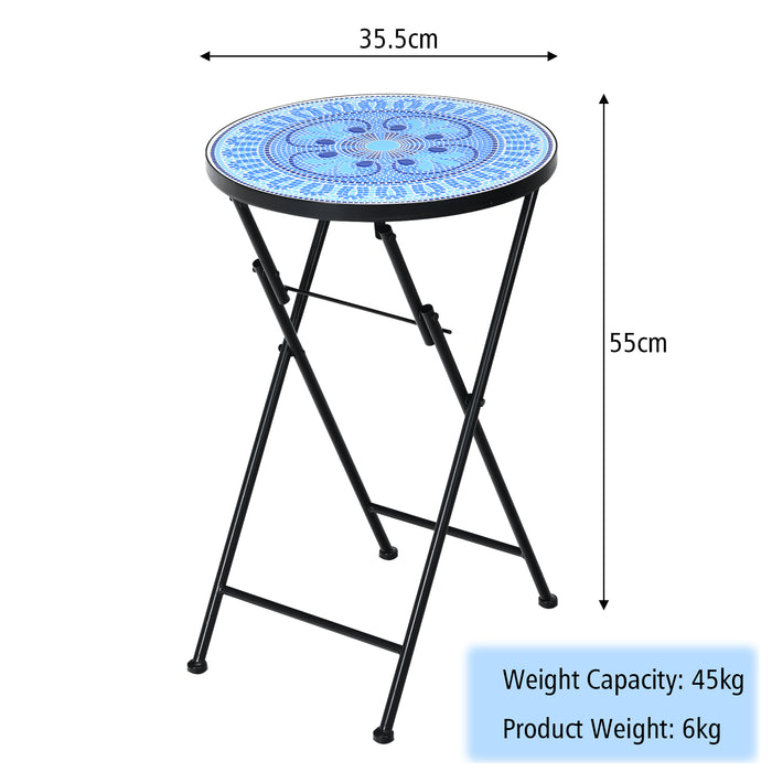 Blue Four Leaf Clover - Folding Side Table with Mosaic Ceramic Tile Top and Non-slip Foot Mat - Ideal for Outdoor and Indoor Use