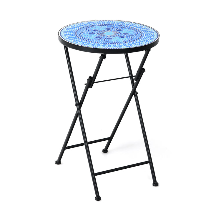 Blue Four Leaf Clover - Folding Side Table with Mosaic Ceramic Tile Top and Non-slip Foot Mat - Ideal for Outdoor and Indoor Use