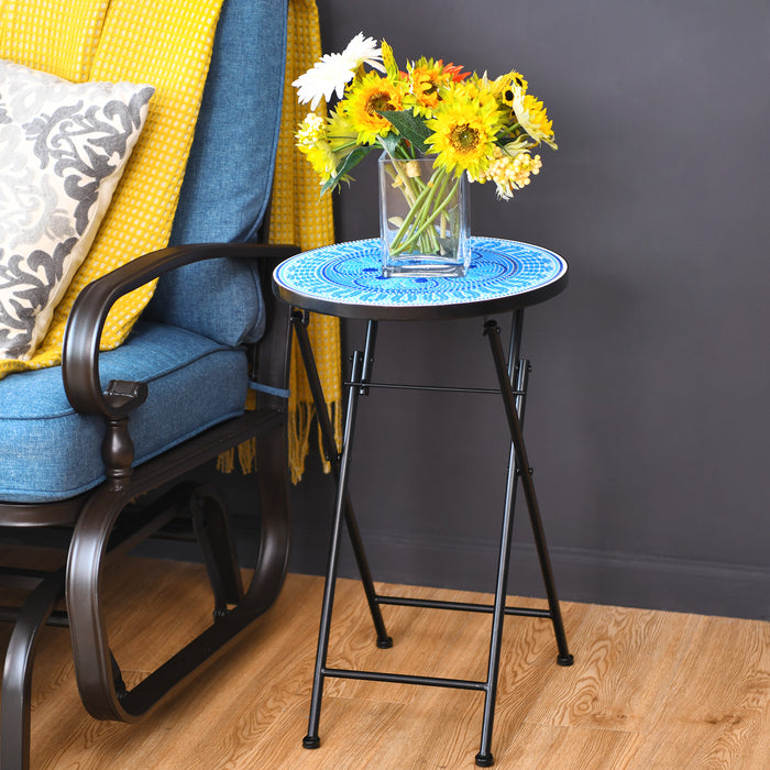 Blue Four Leaf Clover - Folding Side Table with Mosaic Ceramic Tile Top and Non-slip Foot Mat - Ideal for Outdoor and Indoor Use