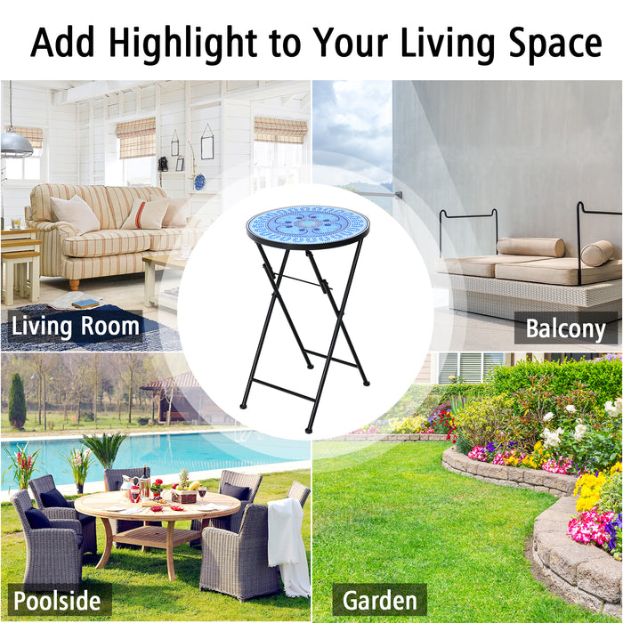 Blue Four Leaf Clover - Folding Side Table with Mosaic Ceramic Tile Top and Non-slip Foot Mat - Ideal for Outdoor and Indoor Use