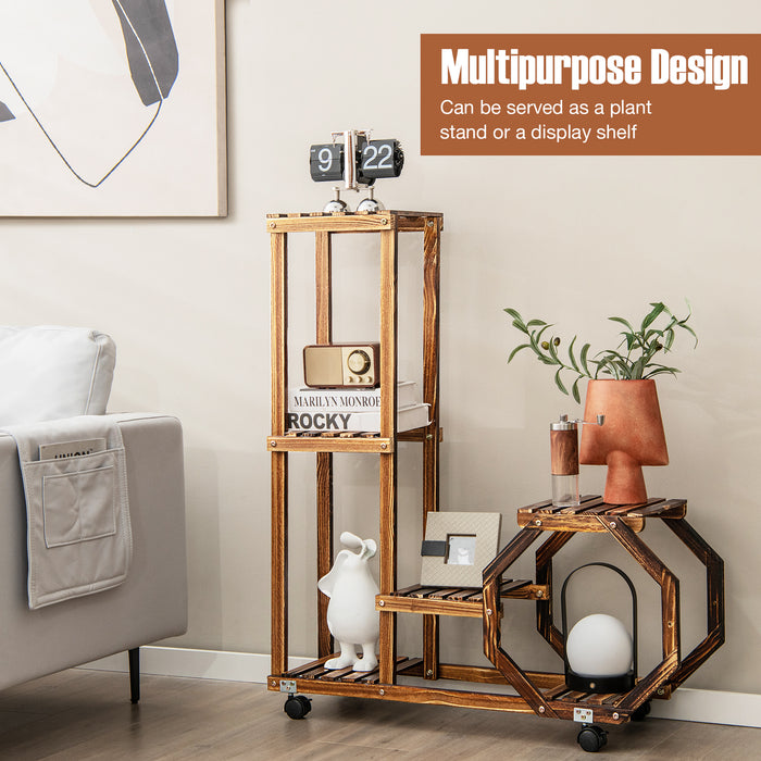 Wooden Rolling Plant Stand - Lockable Wheels for Easy Mobility - Ideal for Indoor and Outdoor Plant Display