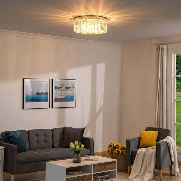 Elegant Crystal Chandelier - Modern 10-Light Flush Mount Ceiling Fixture with Stainless Steel Base - Ideal for Living Rooms, Hallways, and Bars