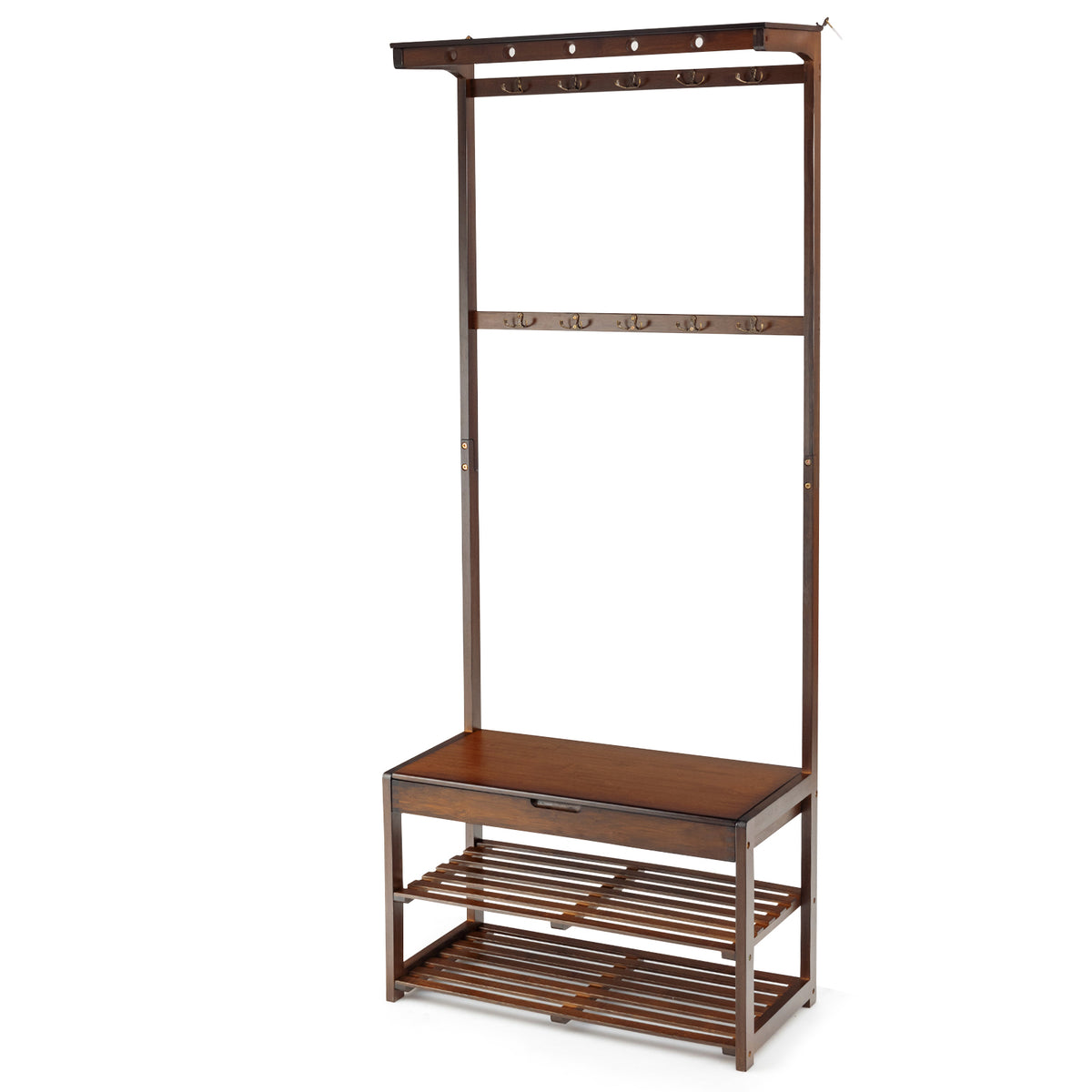 Storage Organizer - Entryway, 10 Hanging Hooks and 2-Tier Shoe Shelves, Coffee Color - Ideal for Decluttering and Shoe Storage