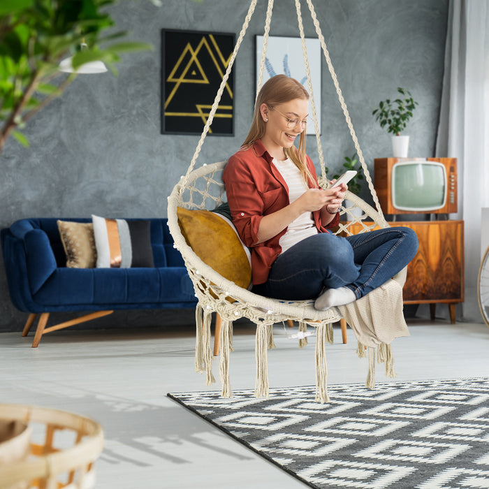 Macrame Swing Hammock Chair with LED Lights - Outdoor Furniture, Indoor Lounge, Handmade, Deck Decor - Perfect for Garden, Patio, and Relaxation Spaces