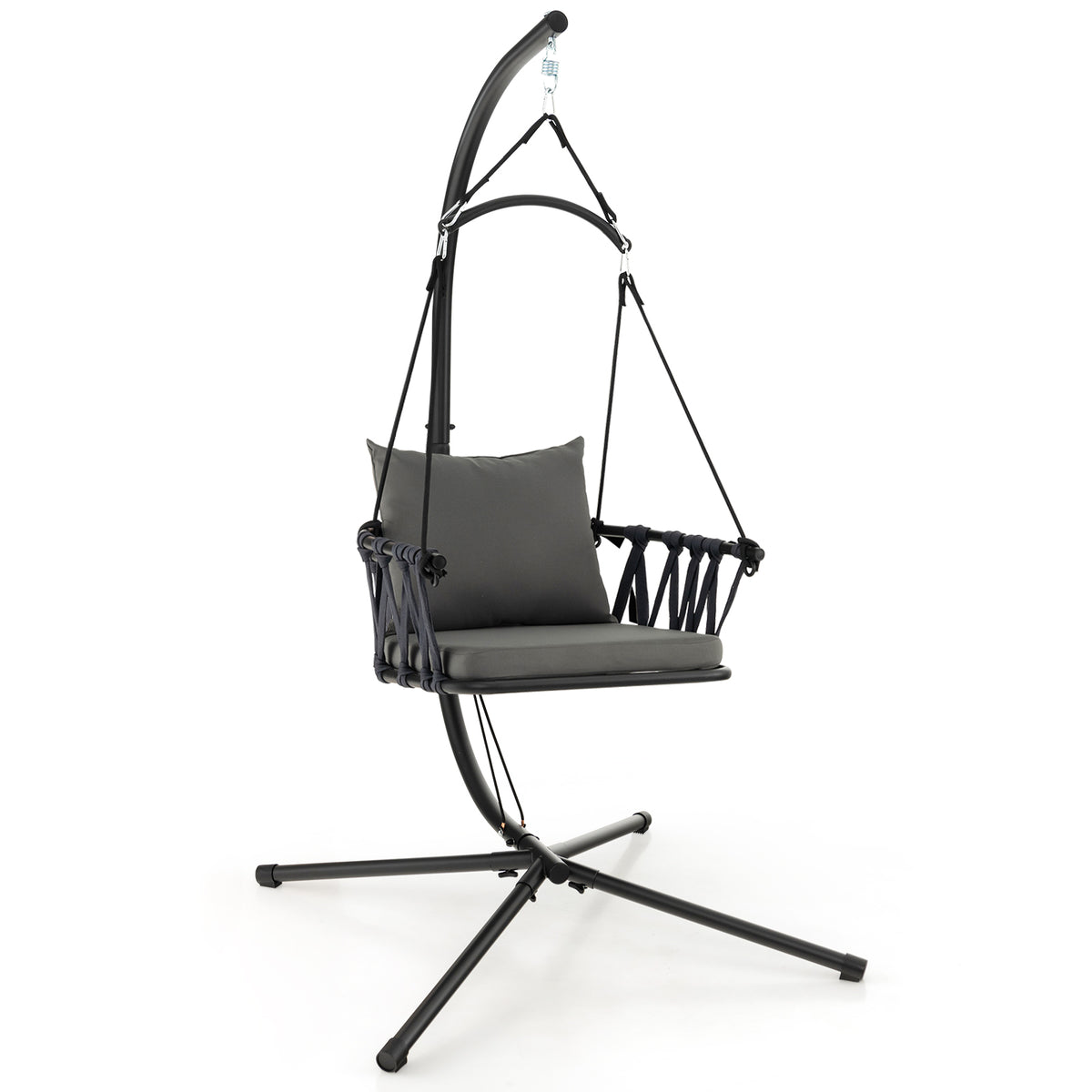 Hanging Swing Chair Indoor/Outdoor - Stand Included, Woven Backrest, Grey Color - Ideal for Relaxation and Leisure Time