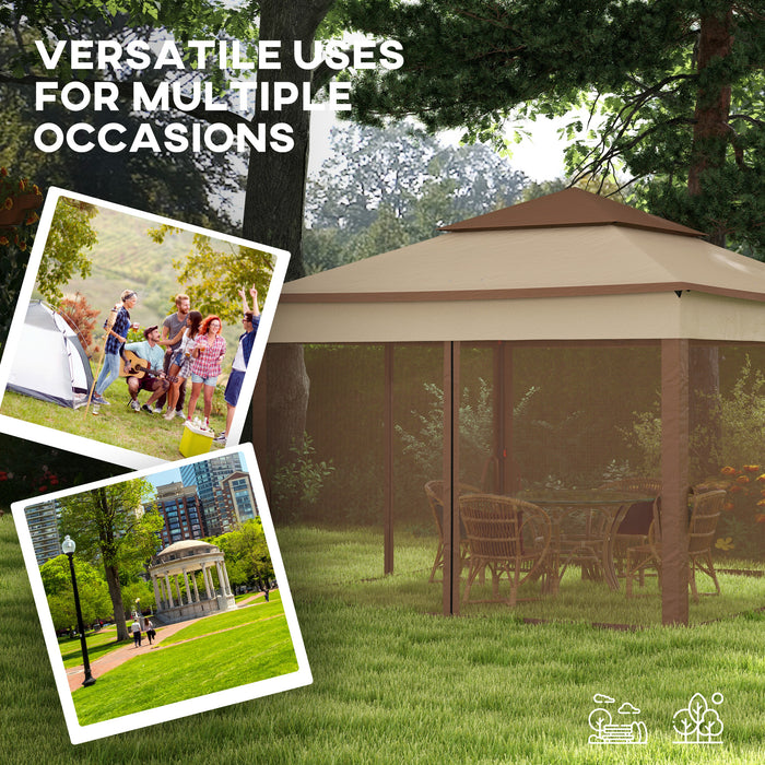 Pop Up Gazebo 3x3m with Double Roof - Outdoor Patio Garden Tent with Netting, Carry Bag Included - Ideal Party Event Shelter, Khaki Color