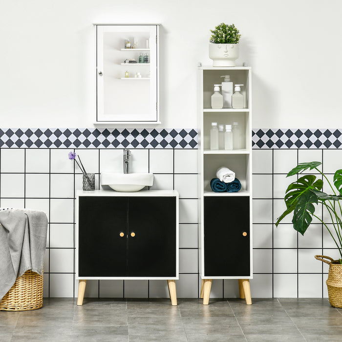 Under-Sink Cabinet with Adjustable Shelf - Modern Bathroom Storage Solution with Solid Wood Legs - Sleek Black and White Design for Home Organization