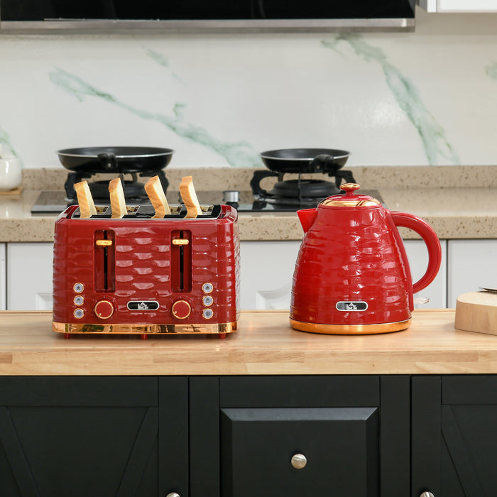 3000W 1.7L Quick Heat Kettle & 4-Slice Toaster Combo - High-Capacity Fast Boiling and Adjustable Browning with Crumb Tray in Red - Ideal for Busy Kitchens and Breakfast Prep