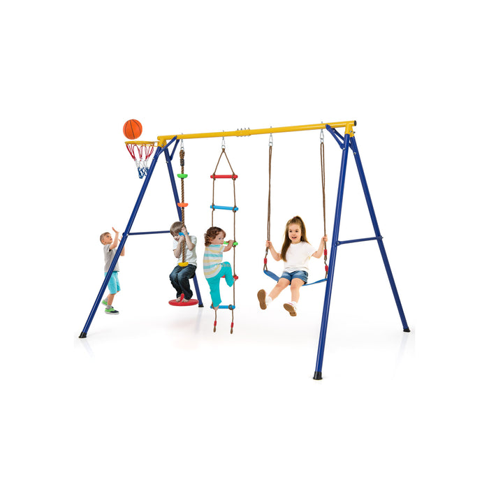 Heavy Duty 4-in-1 Playground Set - Swing Set with Basketball Hoop and Adjustable Belt Swing - Perfect for Backyard Family Fun
