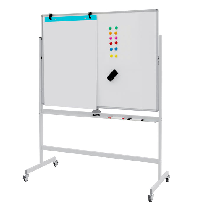 Mobile Magnetic Whiteboard - Double-Sized, Easily Movable with 4 Lockable Wheels - Ideal for Presentations, Lessons, and Office Use
