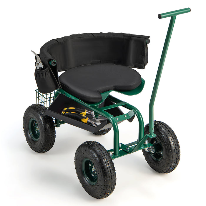 360° Swivel Garden Cart Workseat - Rolling and Height Adjustable Green Tool - Ideal for Gardening Tasks and Comfortably Solving Back Strain Issues