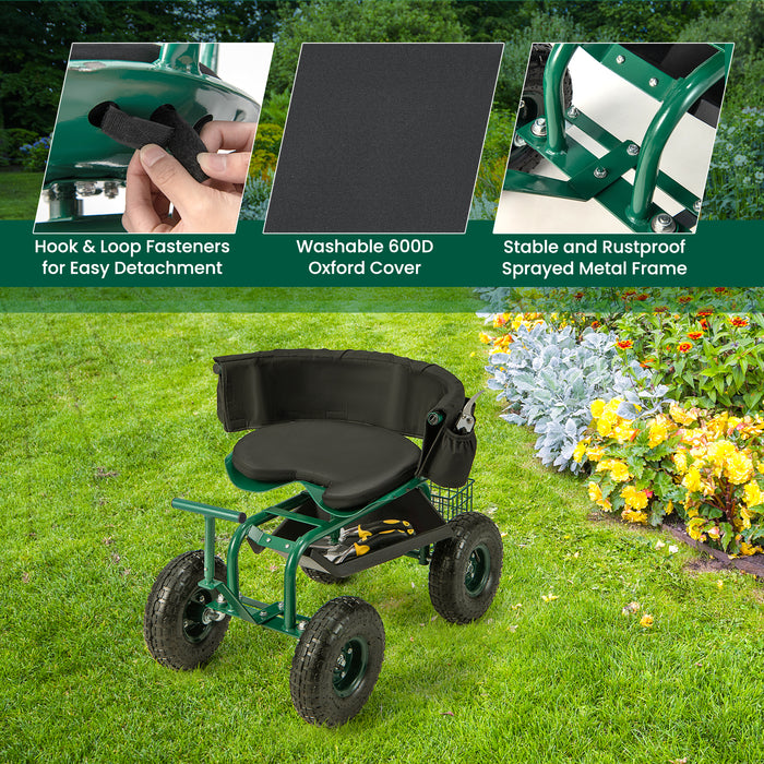 360° Swivel Garden Cart Workseat - Rolling and Height Adjustable Green Tool - Ideal for Gardening Tasks and Comfortably Solving Back Strain Issues