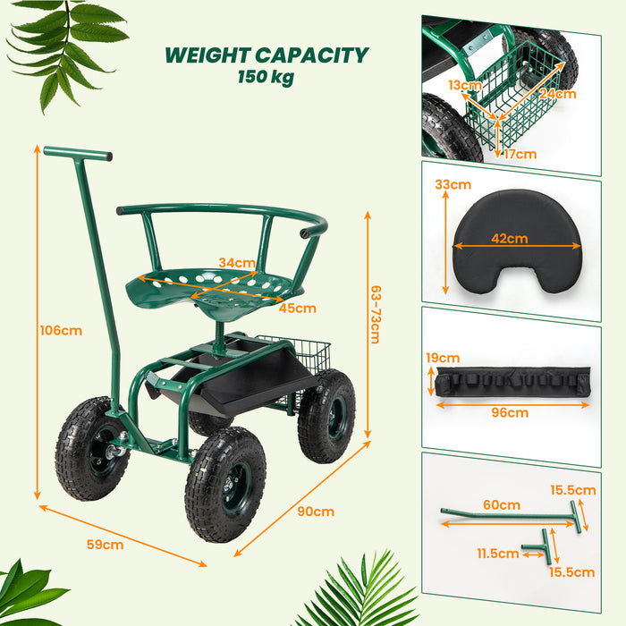 360° Swivel Garden Cart Workseat - Rolling and Height Adjustable Green Tool - Ideal for Gardening Tasks and Comfortably Solving Back Strain Issues