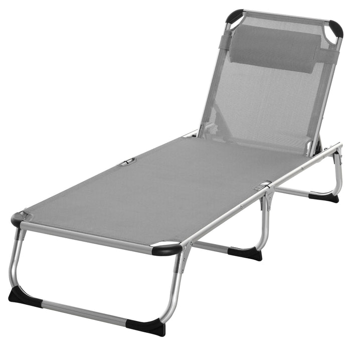 Foldable Reclining Sun Lounger with Pillow - 4-Level Adjustable Back, Aluminium Frame, Portable Outdoor Lounge Chair - Ideal for Camping, Relaxing in Garden and Patio Use
