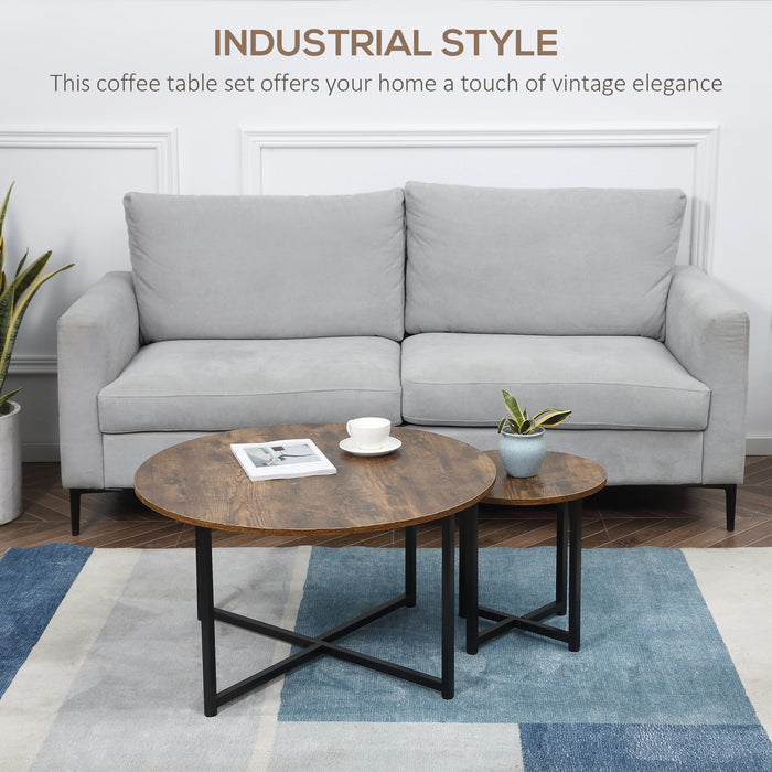 Nesting Round Coffee & Side Table Set of 2 - Rustic Brown with Industrial Metal Frame - Modern Living Room & Bedroom Furniture