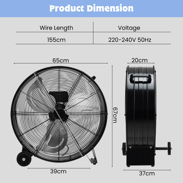 High-Velocity Industrial - 24 Inch Floor Fan with Wheels and Handle - Ideal for Large Spaces and Workshops