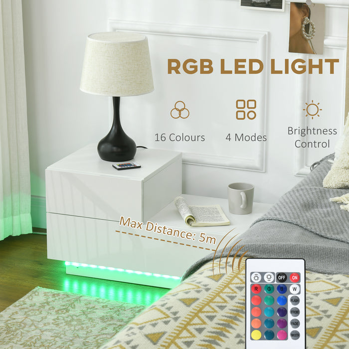 Modern High Gloss Bedside Cabinets with Drawers - Sleek Nightstand with RGB LED Lighting & Remote Control - Perfect for Bedroom & Living Room Ambiance